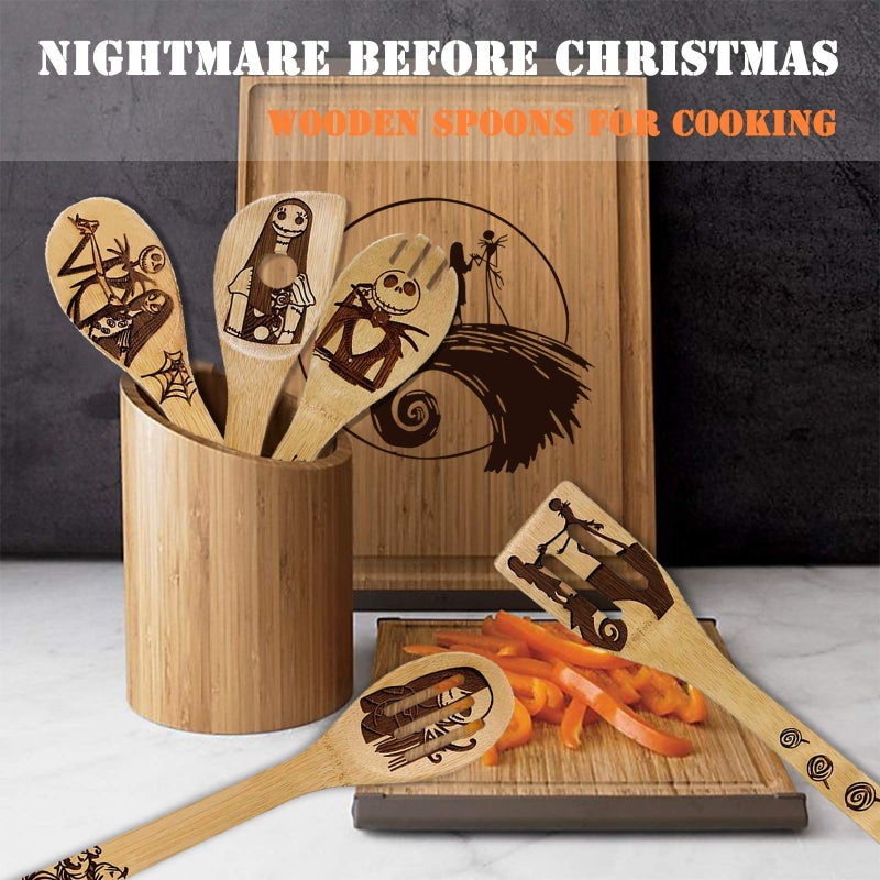 FUTERLY Nightmare Before Christmas Gifts - 5 Pcs Wooden Spoons for Cooking,Halloween Kitchen Utensils Set,Cooking Utensils set for Halloween Decor - Image 4